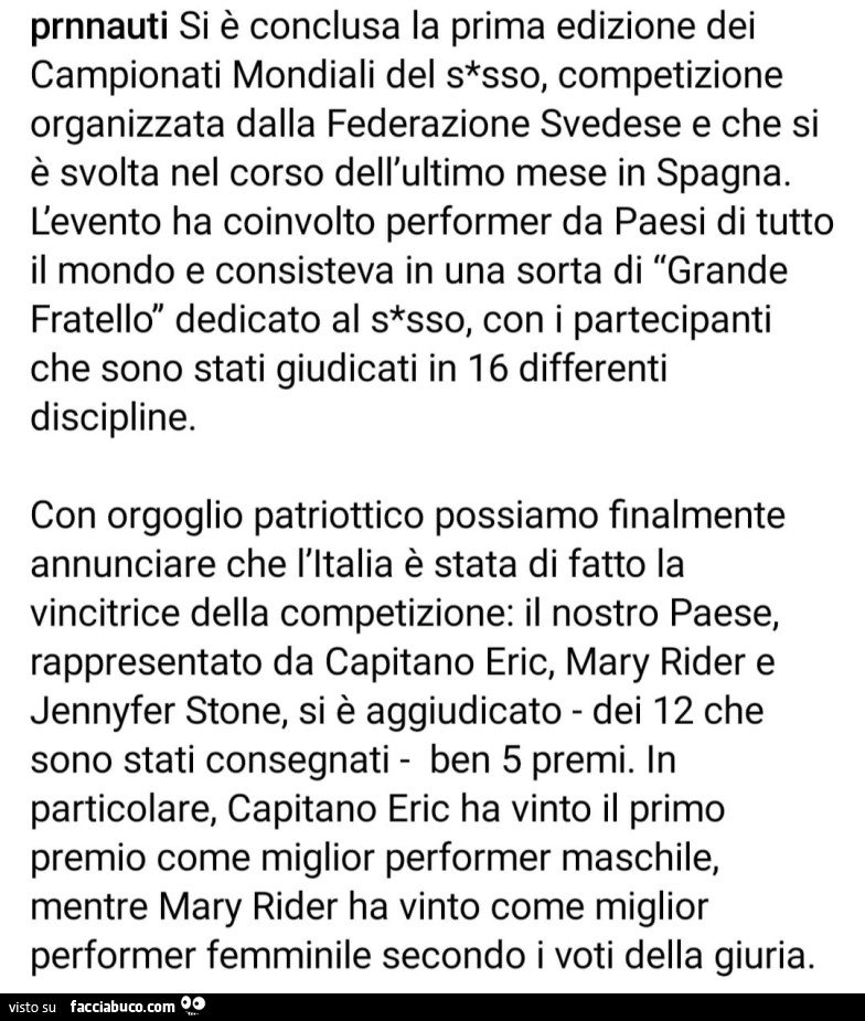 Si è conclusa la prima edizione dei campionati mondiali del sesso, competizione organizzata dalla federazione svedese e che si è svolta nel corso dell'ultimo mese in spagna