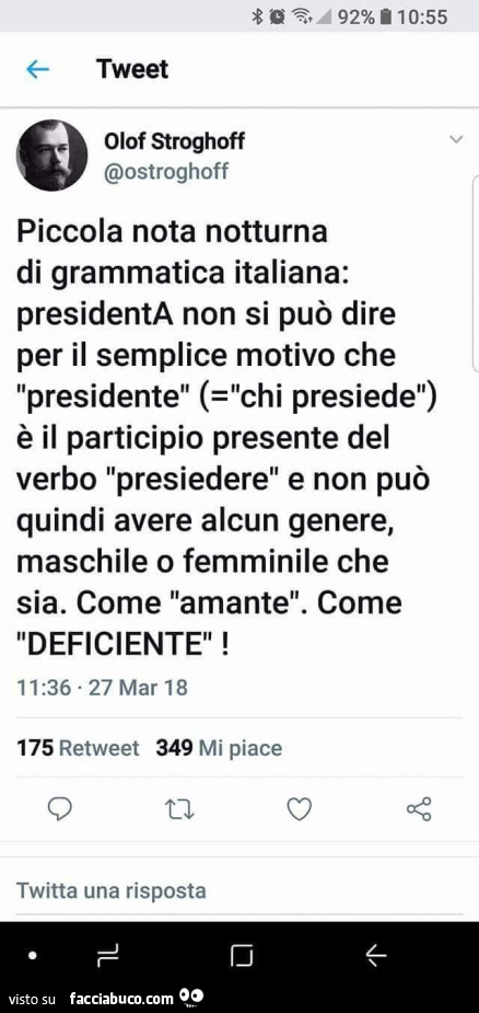 Piccola nota notturna di grammatica italiana: presidenta non si può dire per il semplice motivo che presidente è il participio presente del verbo presiedere e non può quindi avere alcun genere