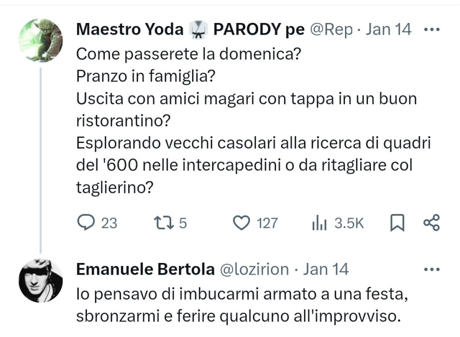 Come passerete la domenica? Pranzo in famiglia? Io pensavo di imbucarmi armato a una festa, sbronzarmi e ferire qualcuno all'improvviso