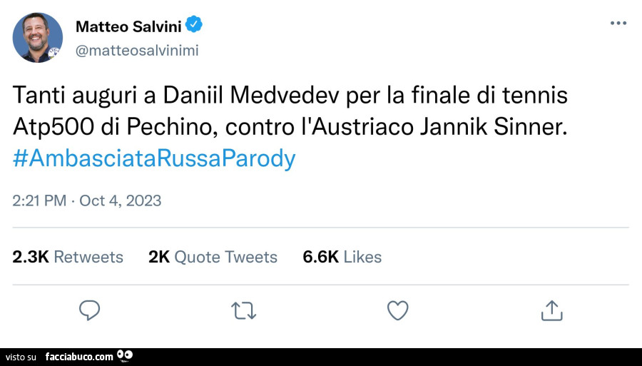 Salvini: tanti auguri a daniil medvedev per la finale di tennis atp500 di pechino, contro l'austriaco jannik sinner