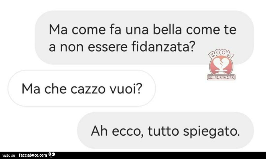 Ma come fa una bella come te a non essere fidanzata? Ma che cazzo vuoi? Ah ecco, tutto spiegato