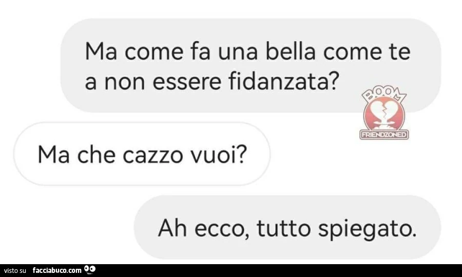 Ma come fa una bella come te a non essere fidanzata? Ma che cazzo vuoi? Ah ecco, tutto spiegato