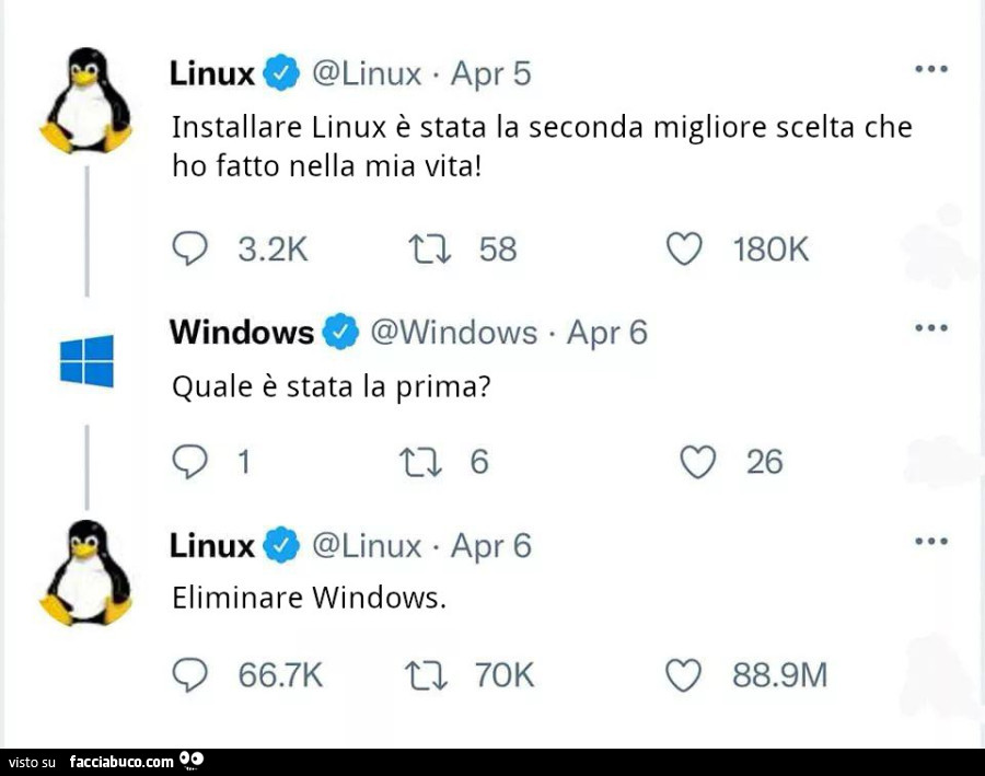 Linux: installare linux è stata la seconda migliore scelta che ho fatto nella mia vita! Windows: quale è stata la prima? Linux: eliminare windows