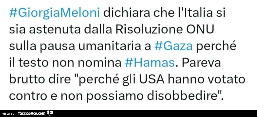Giorgia Meloni dichiara che l'italia si sia astenuta dalla risoluzione onu sulla pausa umanitaria a perché gaza il testo non nomina hamas. Pareva brutto dire perché gli usa hanno votato contro e non possiamo disobbedire