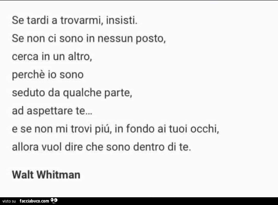 Se tardi a trovarmi, insisti. Se non ci sono in nessun posto, cerca in un altro, perchè io sono seduto da qualche parte, ad aspettare te… e se non mi trovi più, in fondo ai tuoi occhi, allora vuol dire che sono dentro di te. Walt Whitman