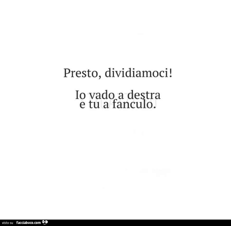 Presto, dividiamoci! Io vado a destra e tu a fanculo