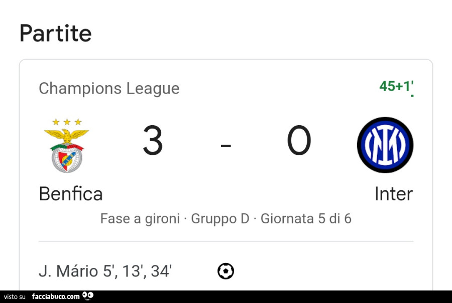 Primo tempo Benfica 3 Inter 0