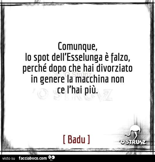 Comunque, lo spot dell'esselunga è falzo, perché dopo che hai divorziato in genere la macchina non ce l'hai più