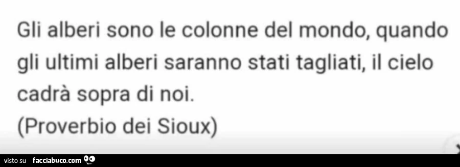 Gli alberi sono le colonne del mondo, quando gli ultimi alberi saranno stati tagliati, il cielo cadrà sopra di noi. Proverbio dei Sioux