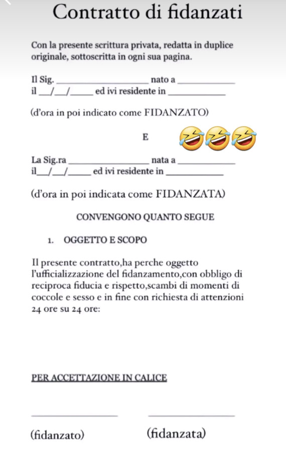 Contratto di fidanzati con la presente scrittura privata, redatta in duplice originale