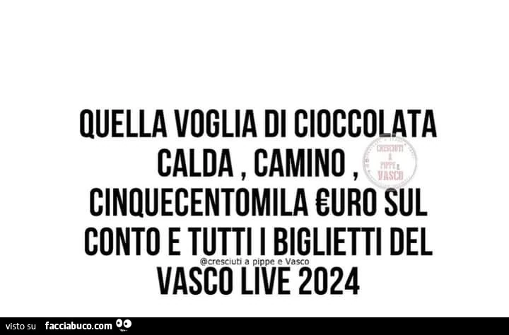 Quella voglia di cioccolata calda, camino, cinquecentomila curo sul conto e tutti i biglietti del vasco live 2024