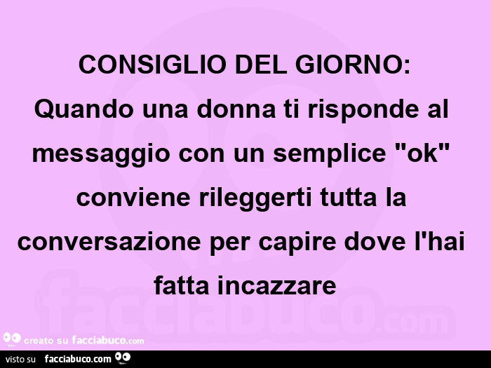 Consiglio del giorno: quando una donna ti risponde al messaggio con un semplice "ok" conviene rileggerti tutta la conversazione per capire dove l'hai fatta incazzare
