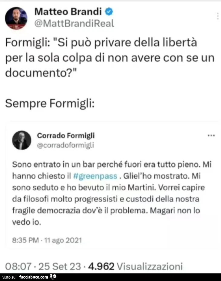 Formigli: si può privare della libertà per la sola colpa di non avere con se un documento? Sempre formigli: sono entrato in un bar perché fuori era tutto pieno. Mi hanno chiesto il greenpass. Gliel'ho mostrato. Mi sono seduto e ho bevuto il mio marti