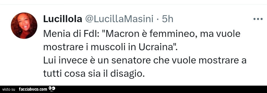 Lucillola: Menia di fdi: macron è femmineo, ma vuole mostrare i muscoli in ucraina. Lui invece è un senatore che vuole mostrare a tutti cosa sia il disagio
