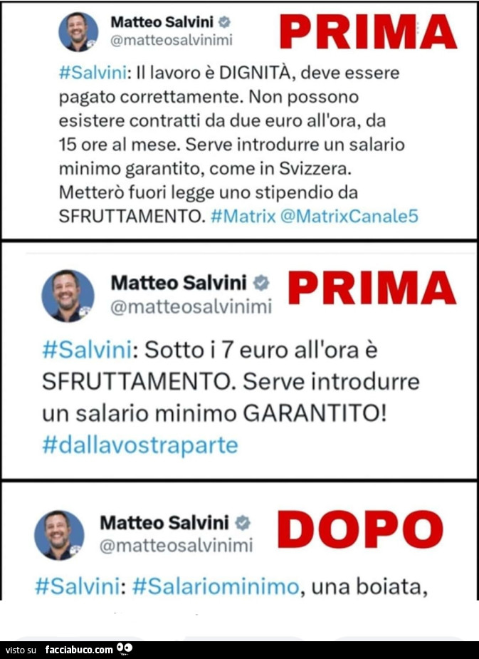 Salvini prima e dopo sul salario minimo