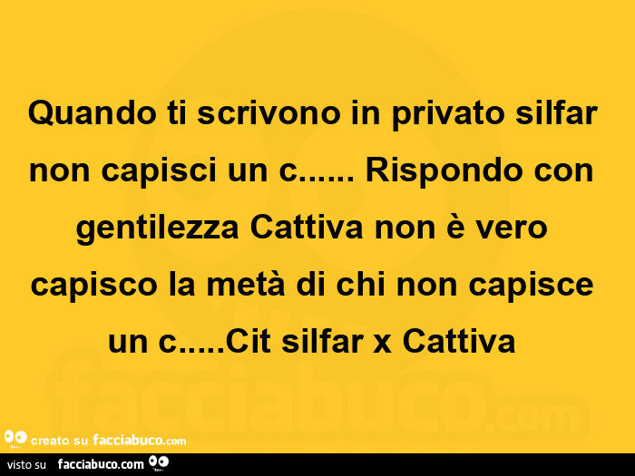 Quando ti scrivono in privato silfar non capisci un c… rispondo con gentilezza cattiva non è vero capisco la metà di chi non capisce un c… cit silfar x cattiva