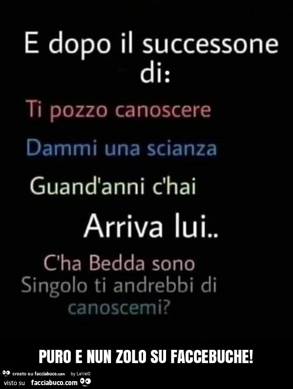 E dopo il successone di: ti pozzo canoscere, dammi una scianza, guand'anni c'hai, arriva lui. C'ha bedda sono singolo ti andrebbi di canoscemi? Puro e nun zolo su faccebuche