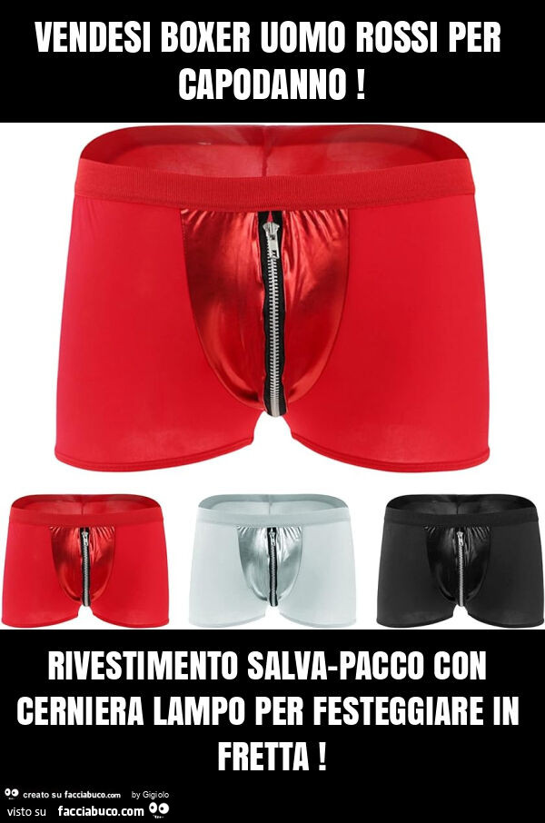 Vendesi boxer uomo rossi per capodanno! Rivestimento salva-pacco con cerniera lampo per festeggiare in fretta
