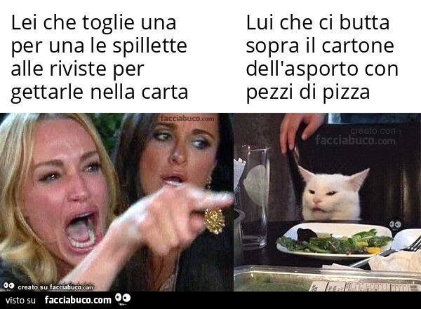 Lei che toglie una per una le spillette alle riviste per gettarle nella carta. Lui che ci butta sopra il cartone dell'asporto con pezzi di pizza