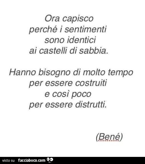 Ora capisco perché i sentimenti sono identici ai castelli di sabbia. Hanno bisogno di molto tempo per essere costruiti e così poco per essere distrutti