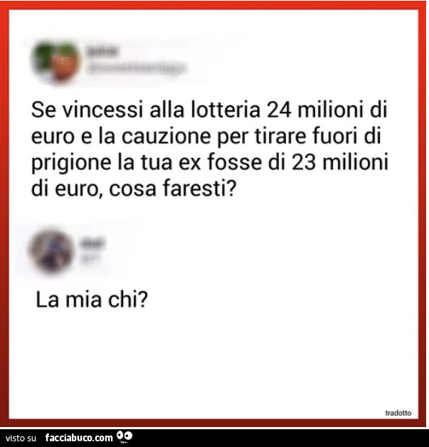 Se vincessi alla lotteria 24 milioni di euro e la cauzione per tirare fuori di prigione la tua ex fosse di 23 milioni di euro, cosa faresti? La mia chi?