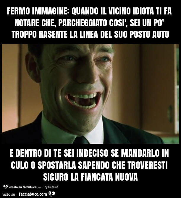 Fermo immagine: quando il vicino idiota ti fa notare che, parcheggiato così, sei un po' troppo rasente la linea del suo posto auto e dentro di te sei indeciso se mandarlo in culo o spostarla sapendo che troveresti sicuro la fiancata nuova