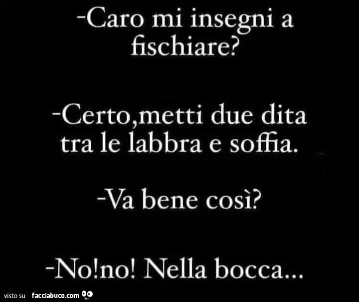 Caro mi insegni a fischiare? Certo, metti due dita tra le labbra e soffia. Va bene così? No! No! Nella bocca