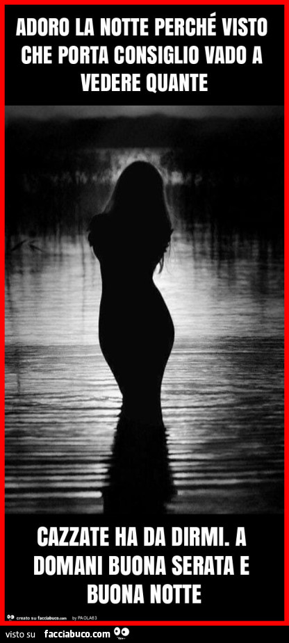 Adoro la notte perché visto che porta consiglio vado a vedere quante cazzate ha da dirmi. A domani buona serata e buona notte