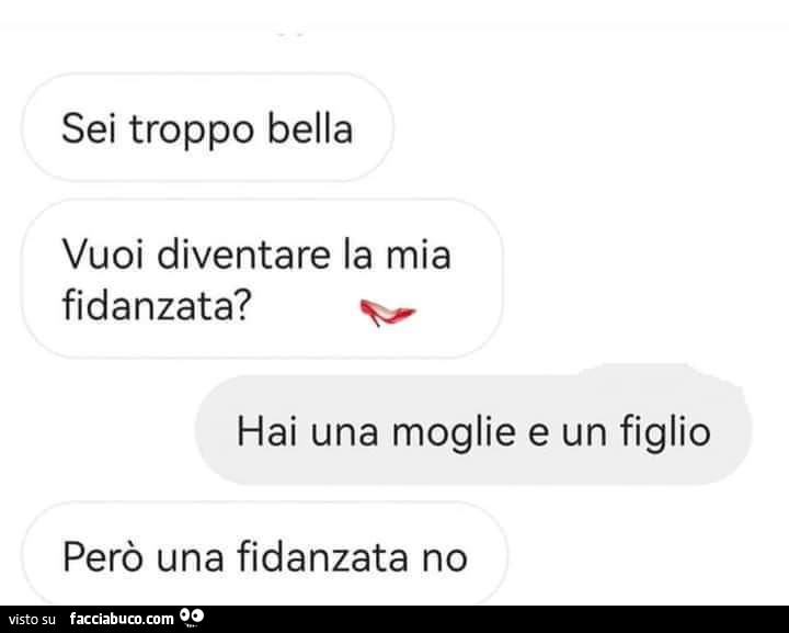 Sei troppo bella. Vuoi diventare la mia fidanzata? Hai una moglie e un figlio. Però una fidanzata no