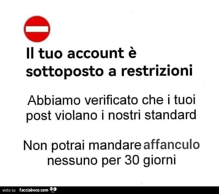 Il tuo account è sottoposto a restrizioni abbiamo verificato che i tuoi post violano i nostri standard non potrai mandare affanculo nessuno per 30 giorni