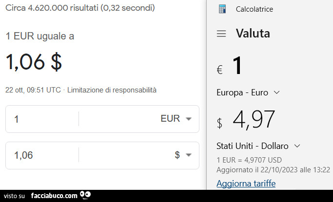 Valore di 1€ secondo la calcolatrice di windows