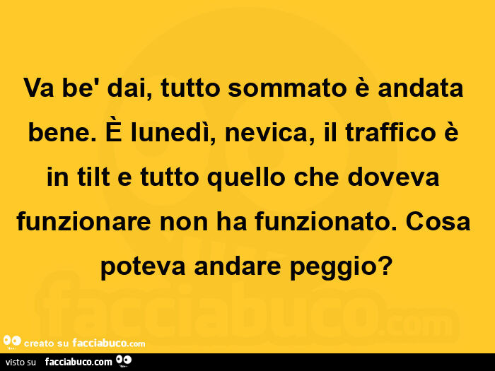 Va bè dai, tutto sommato è andata bene. È Lunedì, nevica, il traffico è in tilt e tutto quello che doveva funzionare non ha funzionato. Cosa poteva andare peggio?
