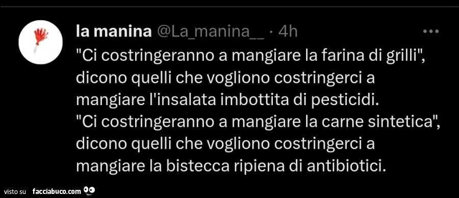 Ci costringeranno a mangiare la farina di grilli, dicono quelli che vogliono costringerci a mangiare l'insalata imbottita di pesticidi