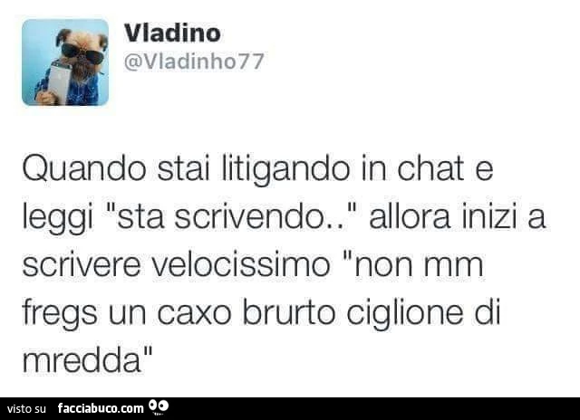 Quando stai litigando in chat e leggi sta scrivendo. Allora inizi a scrivere velocissimo non mm fregs un caxo brurto ciglione di mredda
