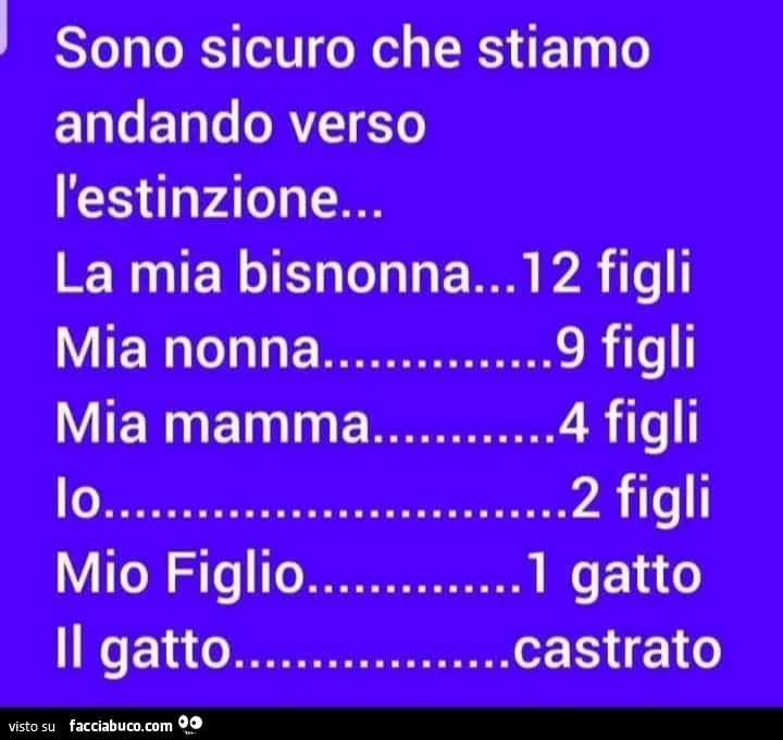 Sicuro che stiamo andando verso l'estinzione&hellip; la mia bisnonna 12 figli, mia nonna 9 figli, mia mamma 4 figli, io 2 figli, mio figlio 1 gatto, il gatto castrato