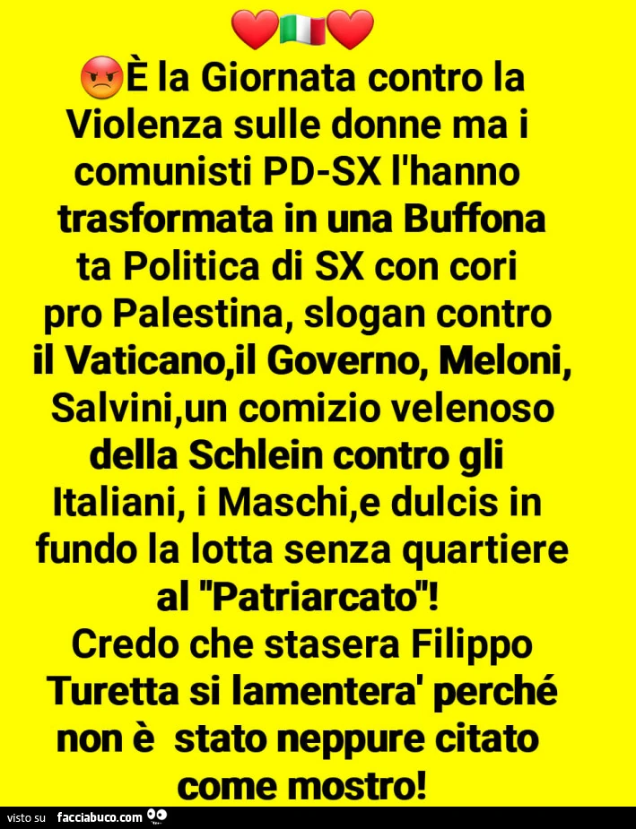 È la giornata contro la violenza sulle donne ma i comunisti pd-sx l'hanno trasformata in una buffona ta politica di sx con cori pro palestina