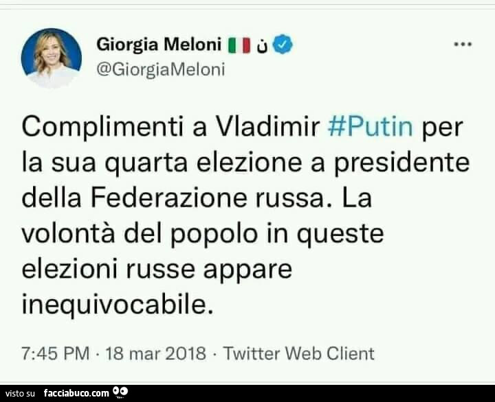 Giorgia Meloni: complimenti a Vladimir Putin per la sua quarta elezione a presidente della federazione russa. La volontà del popolo in queste elezioni russe appare inequivocabile