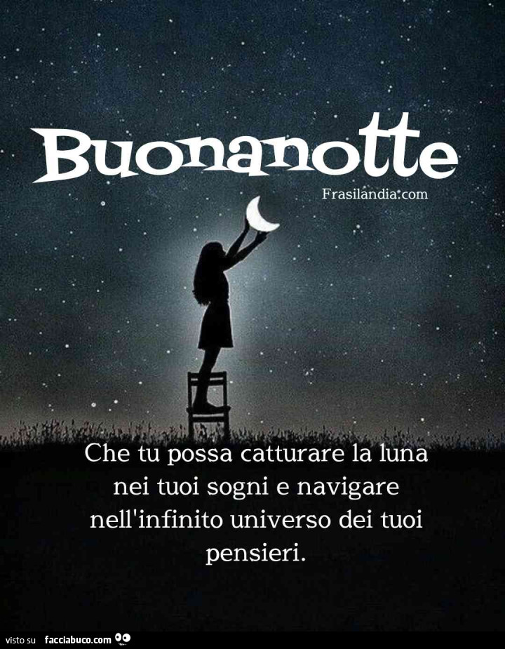 Buonanotte. Che tu possa catturare la luna nei tuoi sogni e navigare nell'infinito universo dei tuoi pensieri