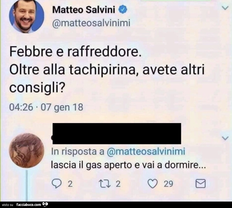 Matteo Salvini: febbre e raffreddore. Oltre alla tachipirina, avete altri consigli? Lascia il gas aperto e vai a dormire