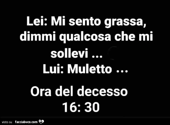 Lei: mi sento grassa, dimmi qualcosa che mi sollevi&hellip; lui: muletto. Ora del decesso 16.30