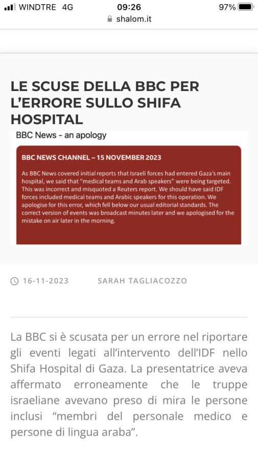 Le scuse della bbc per l'errore sullo shifa hospital