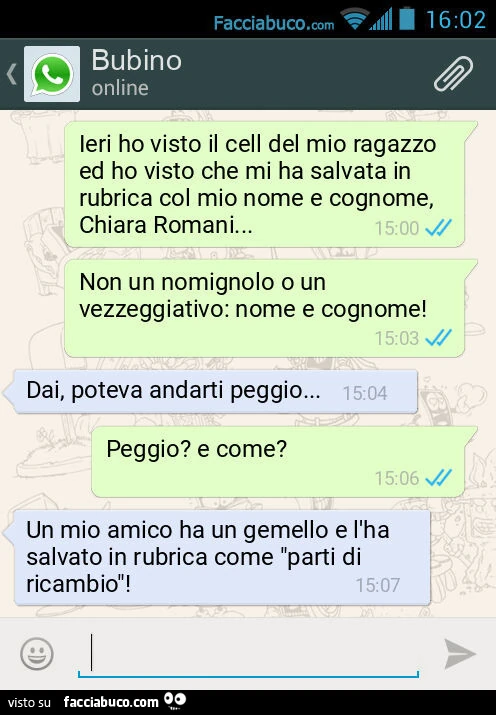 Ieri ho visto il cell del mio ragazzo ed ho visto che mi ha salvata in rubrica col mio nome e cognome, Chiara Romani&hellip; Non un nomignolo o un vezzeggiativo: nome e cognome! Dai, poteva andarti peggio&hellip; Peggio? E come? Un mio amico ha un gemello