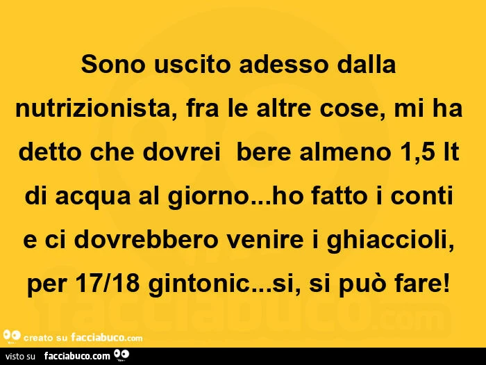 Sono uscito adesso dalla nutrizionista, fra le altre cose, mi ha detto che dovrei  bere almeno 1,5 lt di acqua al giorno&hellip; ho fatto i conti e ci dovrebbero venire i ghiaccioli, per 17/18 gintonic&hellip; si, si può fare