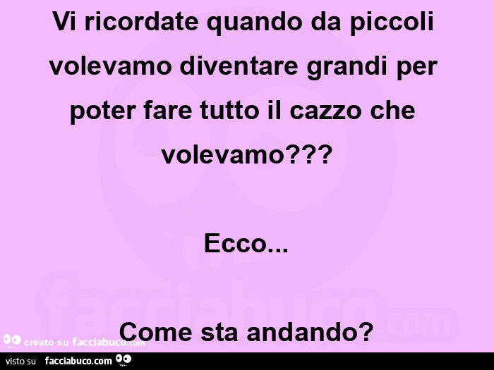 Vi ricordate quando da piccoli volevamo diventare grandi per poter fare tutto il cazzo che volevamo? Ecco&hellip; come sta andando?