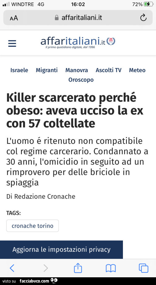 Killer scarcerato perché obeso: aveva ucciso la ex con 57 coltellate