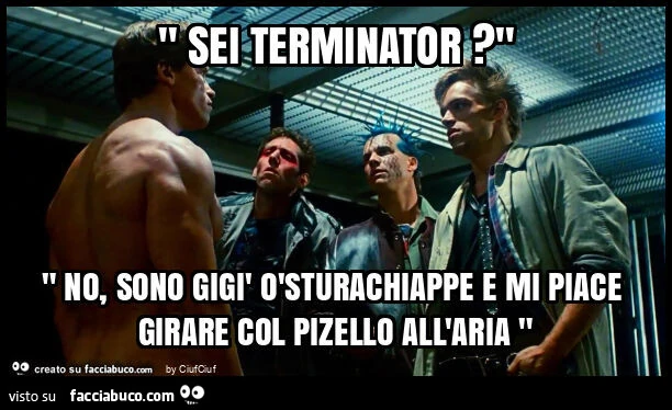 " sei terminator? " " No, sono gigรฌ รฒsturachiappe e mi piace girare col pizello all'aria "