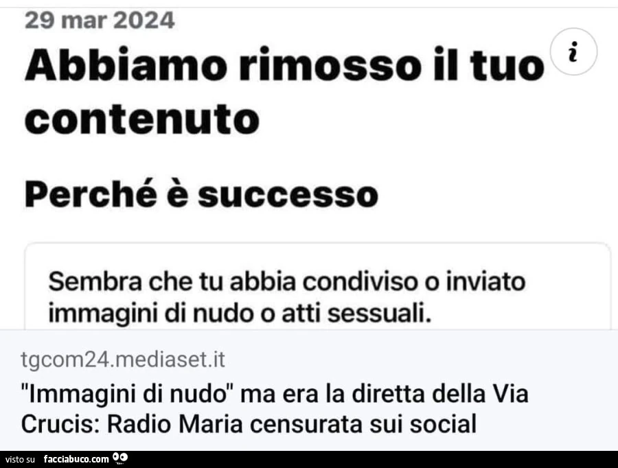 Abbiamo rimosso il tuo contenuto. Immagini di nudo ma era la diretta della via crucis: radio maria censurata sui social