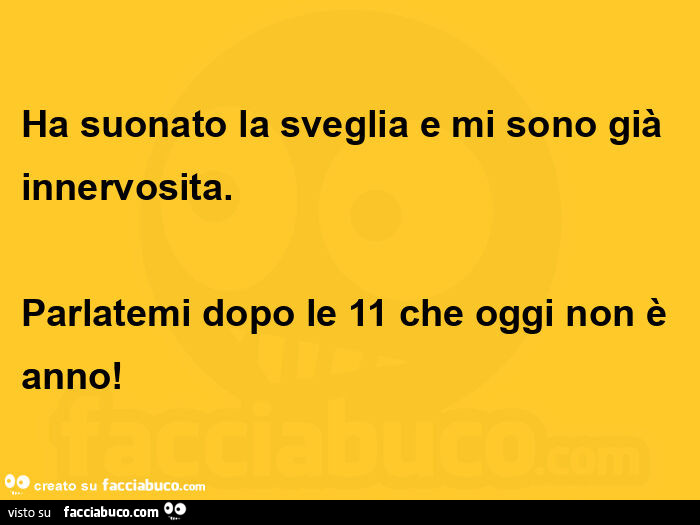 Ha suonato la sveglia e mi sono già innervosita. Parlatemi dopo le 11 che oggi non è anno