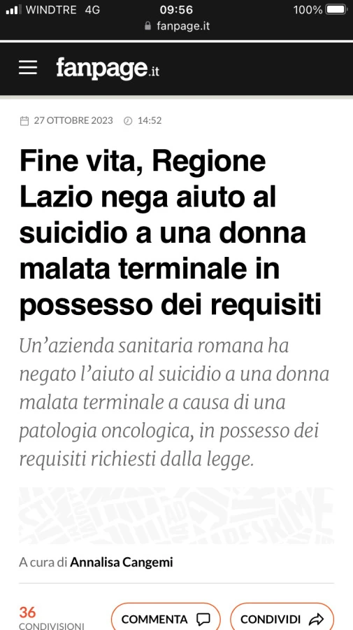 Fine vita, regione lazio nega aiuto al suicidio a una donna malata terminale in possesso dei requisiti