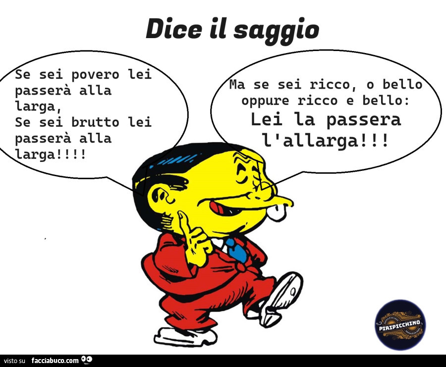 Dice il saggio. Se sei povero lei passerà alla larga, se sei brutto passerà alla larga! Ma se sei ricco, o bello oppure ricco e bello: lei la passera l'allarga